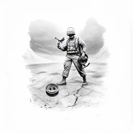 A soldier holding a wrench and a radio, with car parts scattered around tattoo design idea