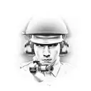 A soldier holding a wrench and a radio, with car parts scattered around tattoo design idea