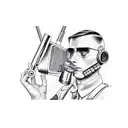 A soldier holding a wrench and a radio, with car parts scattered around tattoo design idea