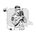 A soldier holding a wrench and a radio, with car parts scattered around tattoo design idea