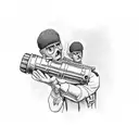 A soldier holding a wrench and a radio, with car parts scattered around tattoo design idea