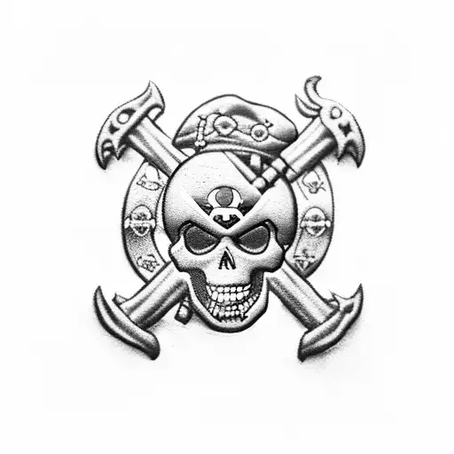 A black-grey tattoo of a pirate flag with the iconic One Piece skull and crossbones design, incorporating elements of Guadeloupe's culture tattoo design idea