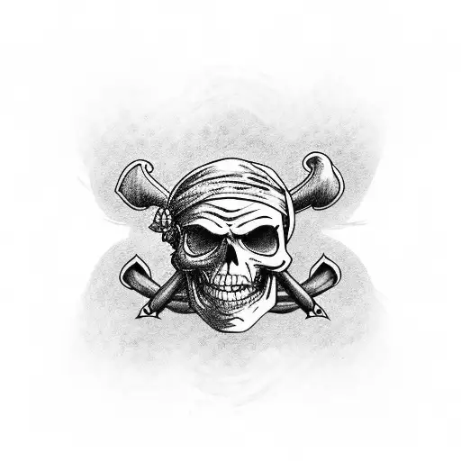 A black-grey tattoo of a pirate flag with the iconic One Piece skull and crossbones design, incorporating elements of Guadeloupe's culture tattoo design idea