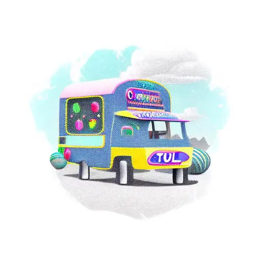 An ice cream van with coding symbols and a football field in the background tattoo design idea