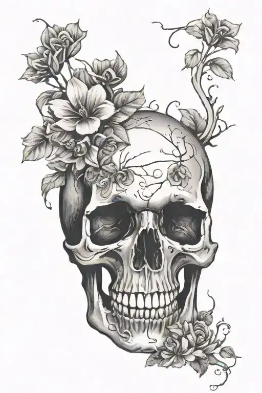 graveyard fading into a skull with flowers on the side tattoo design idea