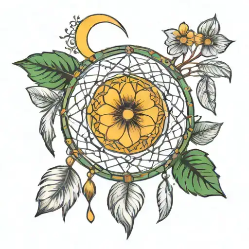 4 leafs clover lace moon dream catcher tattoo design idea