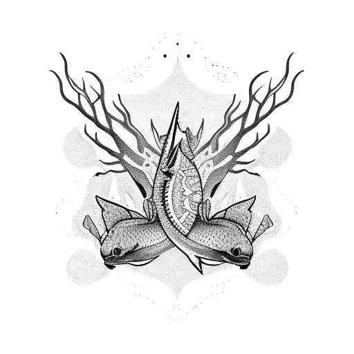 An abstract blackwork design incorporating elements of the outdoors and a sturgeon tattoo design idea