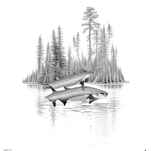 A majestic sturgeon and an adventurous otter swimming in a crystal clear lake surrounded by towering pine trees tattoo design idea