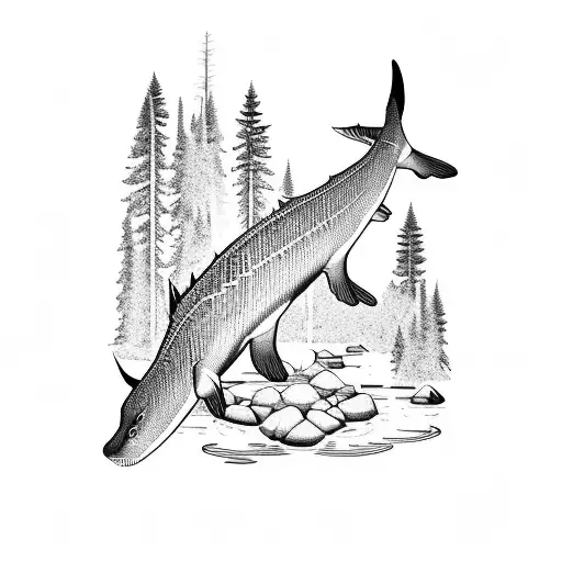 A majestic sturgeon and an adventurous otter swimming in a crystal clear lake surrounded by towering pine trees tattoo design idea
