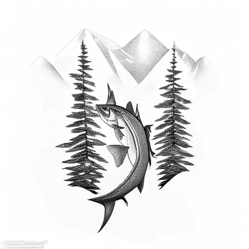 A majestic sturgeon swimming in a crystal clear lake surrounded by towering pine trees tattoo design idea