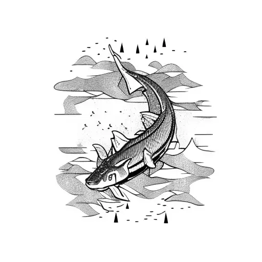A majestic sturgeon swimming in a crystal clear lake surrounded by towering pine trees tattoo design idea