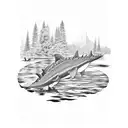 A majestic sturgeon and an adventurous otter swimming in a crystal clear lake surrounded by towering pine trees tattoo design idea