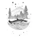 A majestic sturgeon and an adventurous otter swimming in a crystal clear lake surrounded by towering pine trees tattoo design idea