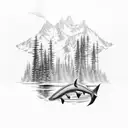 A majestic sturgeon and an adventurous otter swimming in a crystal clear lake surrounded by towering pine trees tattoo design idea