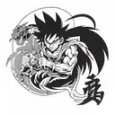 Combine elements from Final Fantasy and Dragon Ball Z into a unique fusion character design tattoo design idea