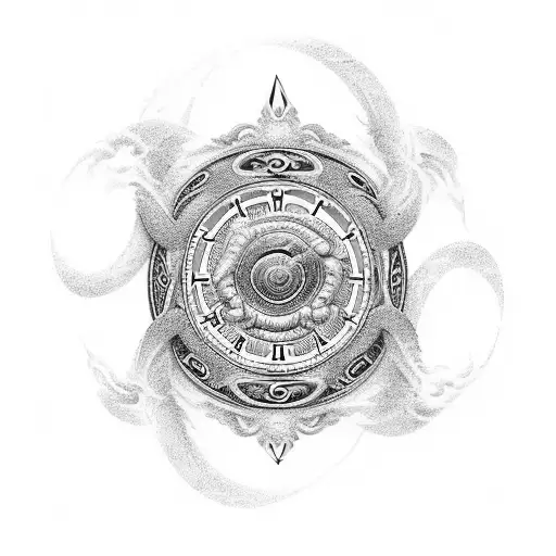 A timepiece intricately designed with Norse symbols and surrounded by swirling waves, symbolizing the eternal connection between time and the ocean. tattoo design idea