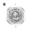 A timepiece intricately designed with Norse symbols and surrounded by swirling waves, symbolizing the eternal connection between time and the ocean. tattoo design idea