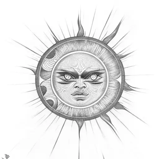 black and white sun with masculine face tattoo design idea