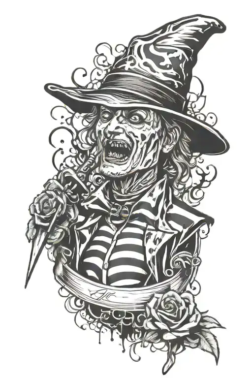 feminine horror tattoo with Freddy Krueger, Hannibal letter, scream and jugsaw tattoo design idea