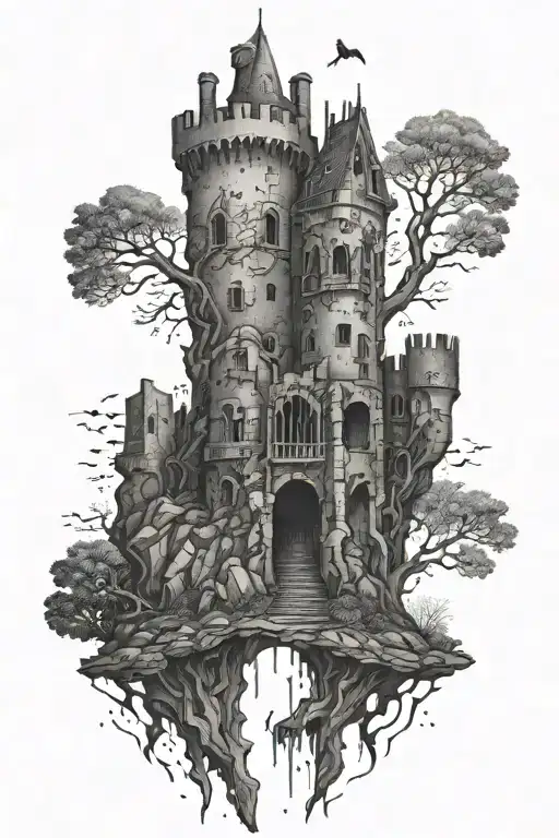 castle in ruins tattoo design idea