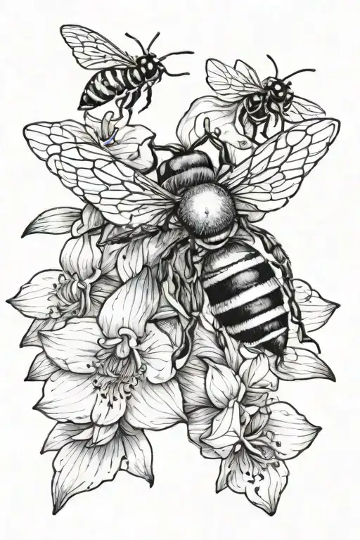 Bee flying to orchids roses tattoo design idea