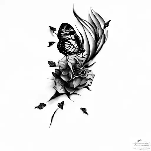 roses and purple butterfly, yellow butterfly,  red dragonfly tattoo design idea