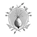 Thistle with one flower and 3 branches in minimalistic style around the shoulder and upper arm of man. tattoo design idea