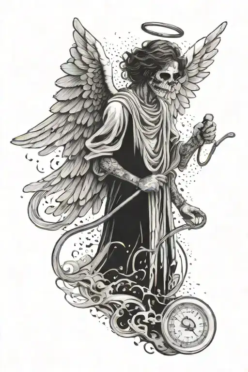 A dotwork tattoo of an angel of death with wings made of swirling clouds, holding a stethoscope in one hand tattoo design idea