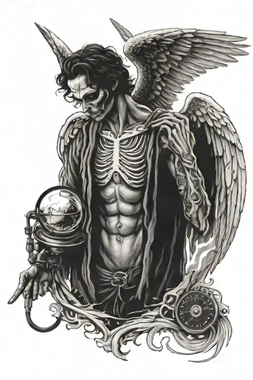 A dotwork tattoo of an angel of death with wings made of swirling clouds, holding a stethoscope in one hand tattoo design idea