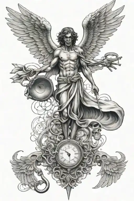 A dotwork tattoo of an angel of death with wings made of swirling clouds, holding a stethoscope in one hand tattoo design idea