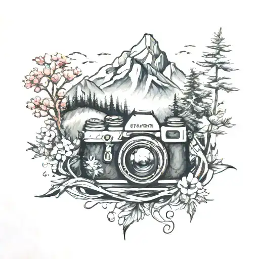 camera mountain landscape tattoo design idea