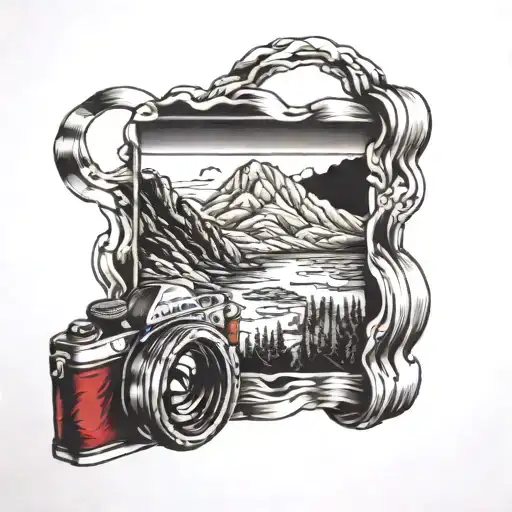 mountain and camera lens tattoo design idea