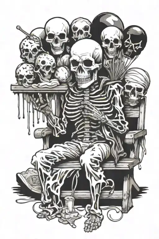 Death on a bench eating an ice cream and holding seven string of balloons made of skulls. tattoo design idea