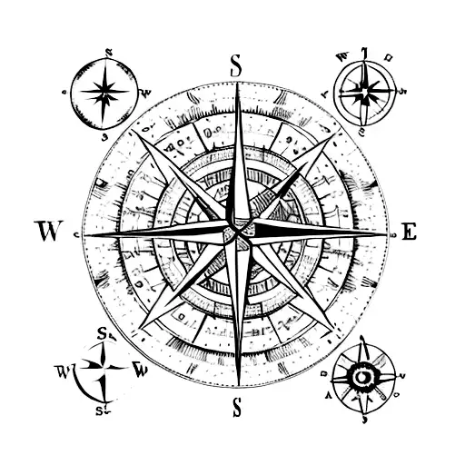 A vintage map of the world with a compass rose in the center tattoo design idea
