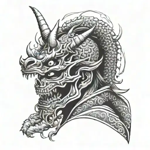 dragon head, samurai mask, dragon tail, skulls, katana on the back tattoo design idea