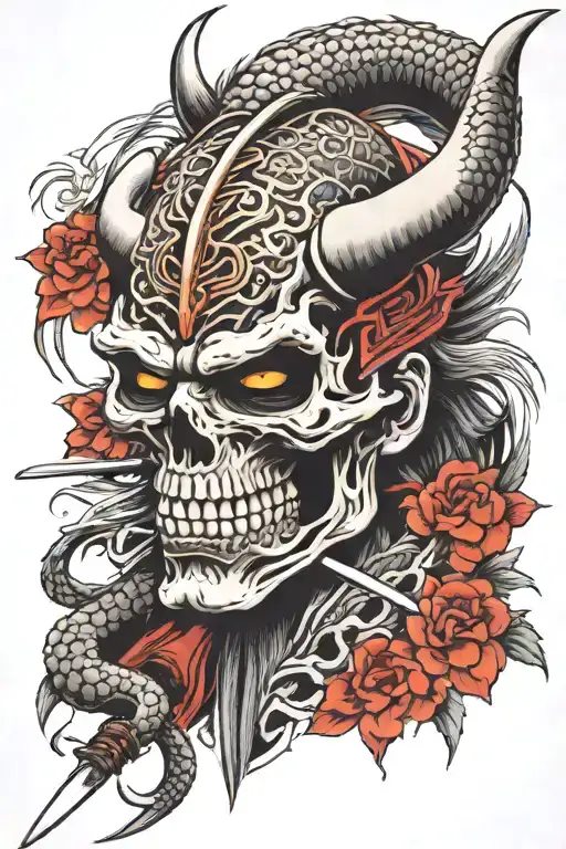 japanese dragon head samurai mask katana skull tattoo design idea