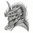 dragon head, samurai mask, dragon tail, skulls, katana on the back tattoo design idea