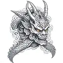 dragon head, samurai mask, dragon tail, skulls, katana on the back tattoo design idea
