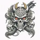 dragon head, samurai mask, dragon tail, skulls, katana on the back tattoo design idea