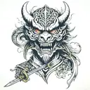 dragon head, samurai mask, dragon tail, skulls, katana on the back tattoo design idea