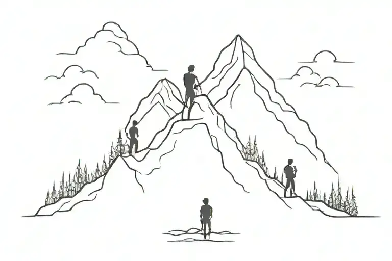 Mountain with three persons stanging front view tattoo design idea