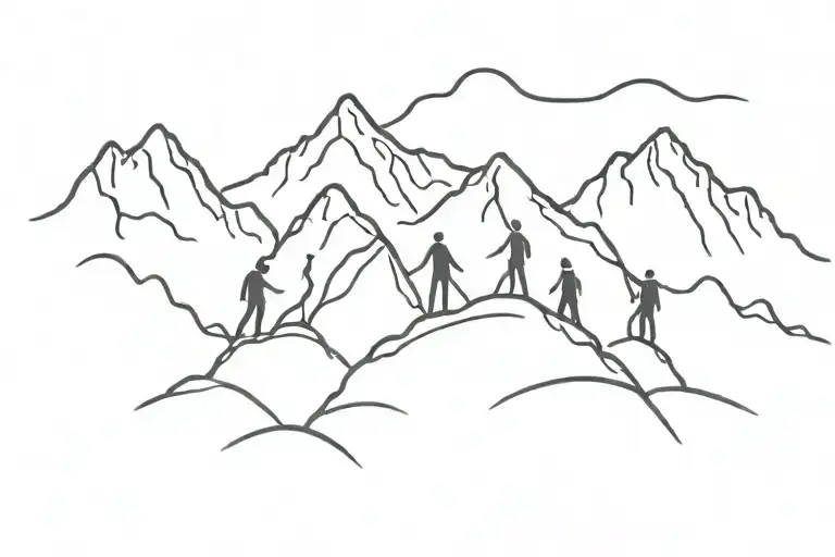 Mountain with three persons next to eachother stanging front view tattoo design idea