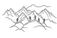 Mountain with three persons next to eachother stanging front view tattoo design idea