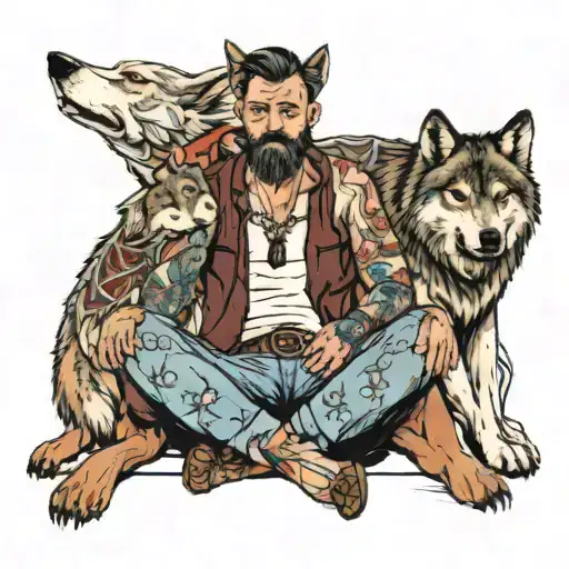 a man sitting cross legged with two wolves beside him one on either side tattoo design idea
