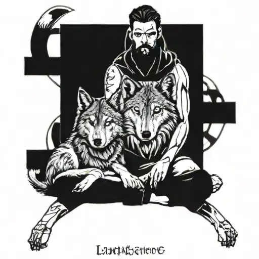 a man sitting cross legged with two wolves beside him one one either side about 2 feet away tattoo design idea
