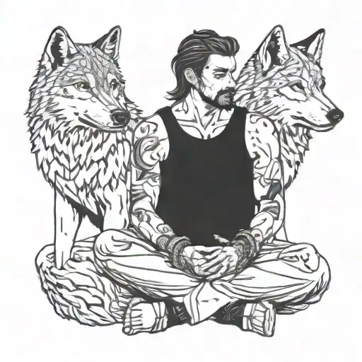 a man sitting cross legged with two wolves beside him one one either side about 2 feet away tattoo design idea