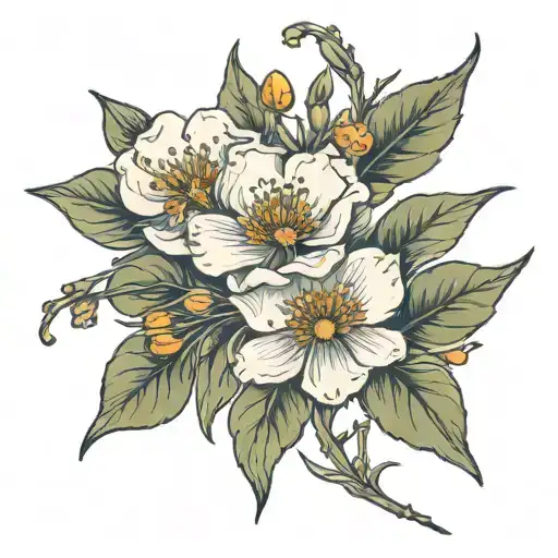 flowers intertwined (dogwood, a California poppy, and an orange blossom) tattoo design idea
