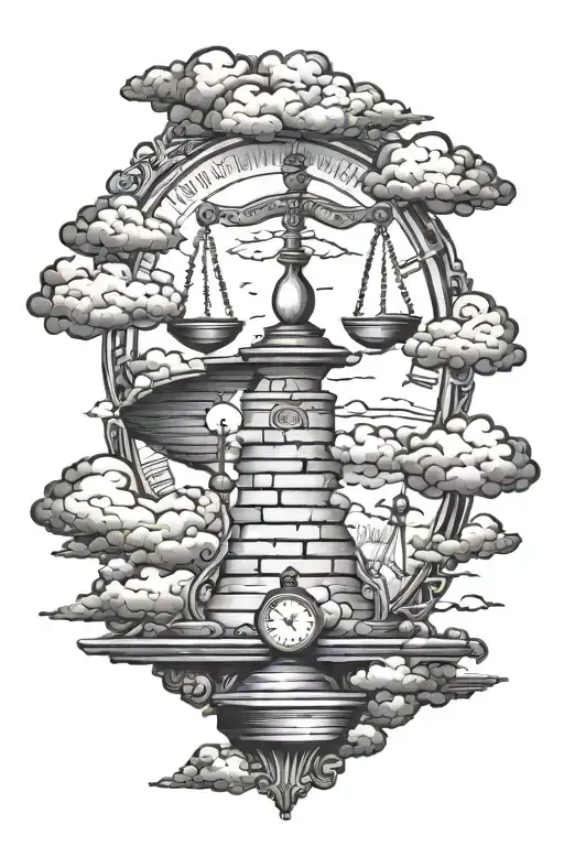 balance scale with clouds around and a staircase leading tattoo design idea