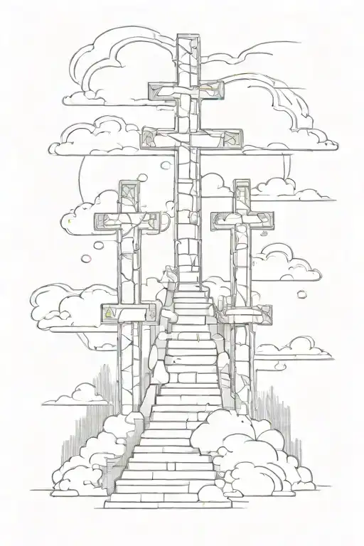 three crosses with a staircase going up to the crosses with clouds and the words isaiah 41:10  tattoo design idea