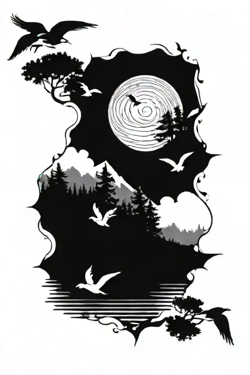 sun with rays coming out with birds and a forest scene with animals and a lake with mountains  tattoo design idea